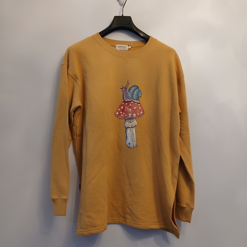 Preloved Handpainted Yellow Long Sleeve Sweatshirt with Snail & Mushroom Print